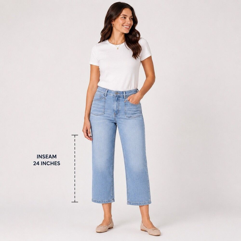 Lands' End Soft Stretch Denim Blue Jean Women 20 Wide Crop Culottes Patch Pocket